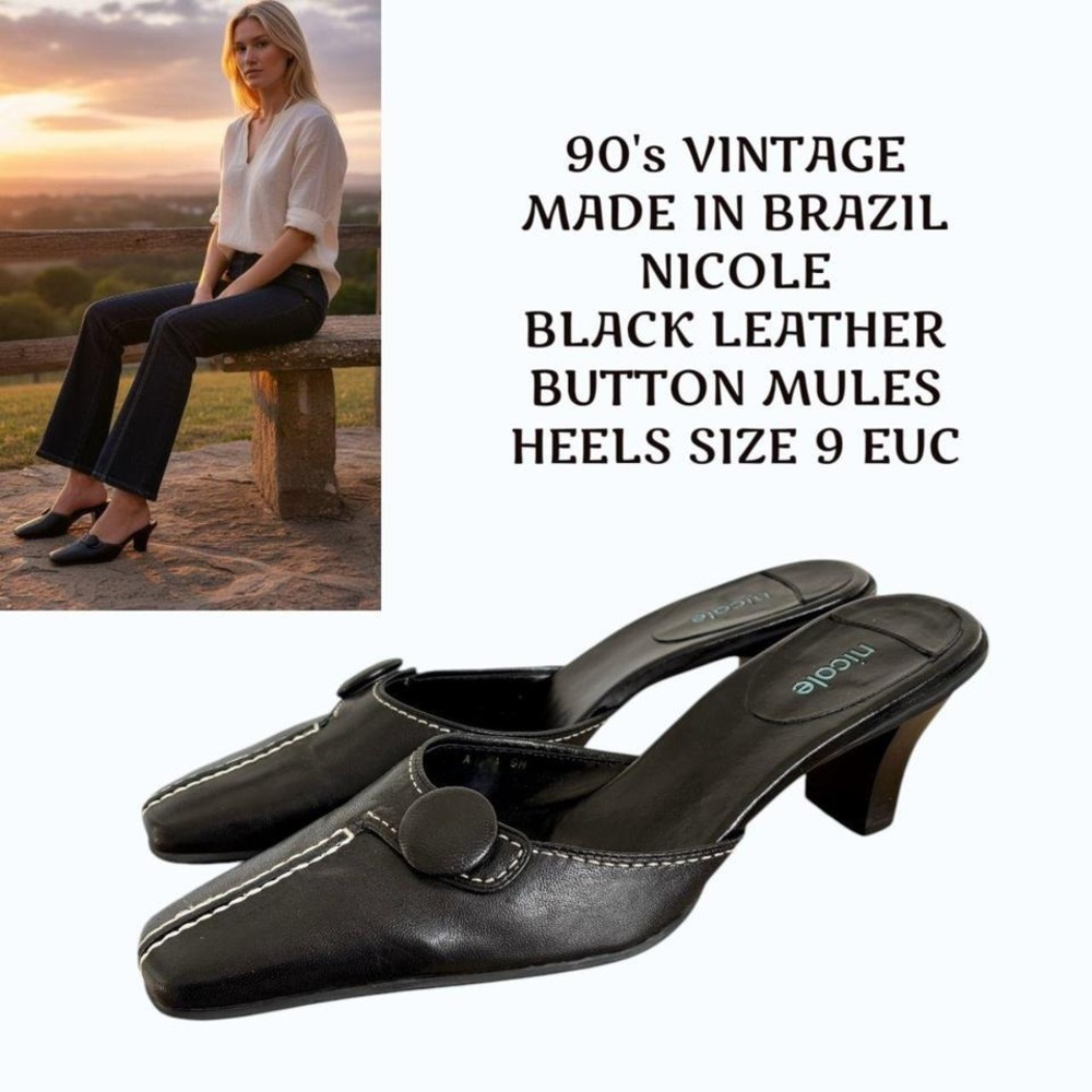 Vintage 90s Nicole Leather Button Mules size 9 🖤